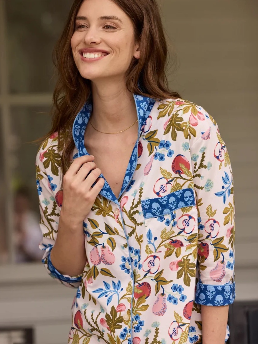 Printfresh Pomme & Poire Pear Apple Fruit Floral Cotton Pajama Shirt Small